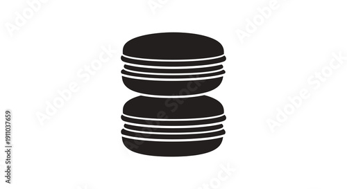 A minimalist black and white illustration depicts a stack of three macarons showcasing their circular shapes and layered construction