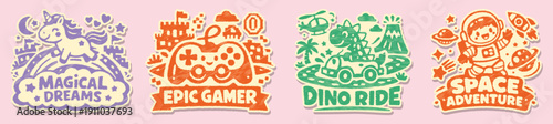 Whimsical Scribble Sticker Set: Magical Dino, Epic Gamer & Space Adventure Doodles for Kids’ Decor