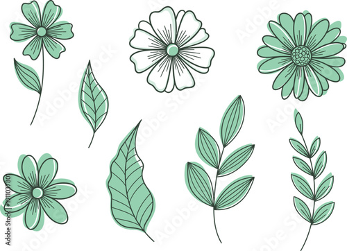 Green Floral Illustrations with Leaves