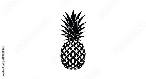 A striking black and white silhouette depicts a pineapple with detailed scale like textures centered on a white background