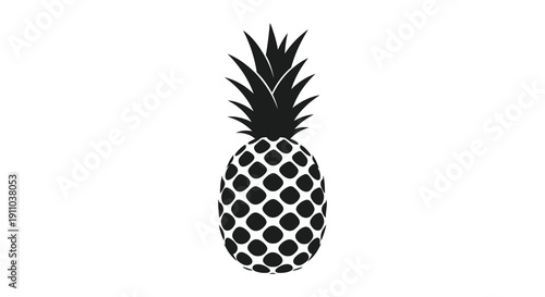 A striking black and white illustration depicts a single pineapple with a detailed textured surface and spiky crown high quality