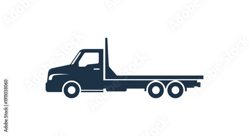 A simplified dark blue silhouette depicts a flatbed truck viewed from the side showcasing its utility high quality