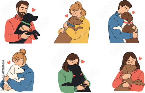 People hugging dogs vector illustration set showing happy pet owners cuddling puppies with hearts, animal love concept isolated background