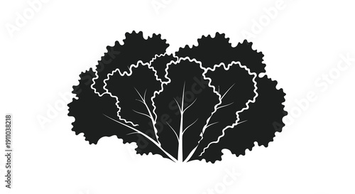 A stark black and white illustration depicts a leafy bush or shrub with a simple graphic style high quality professional