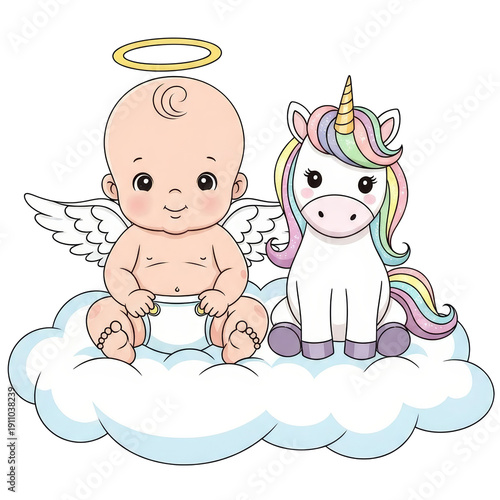 Cute baby angel and unicorn sitting on cloud, on transparent background. Sweet cartoon artwork for nursery decoration, baby shower, birthday card.