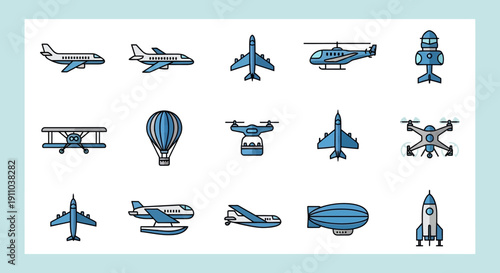 Diverse Aviation Icons: Planes, Helicopters, Drones, and Airships