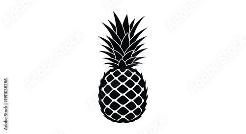 A striking black and white silhouette depicts a fully formed pineapple with detailed textured skin and spiky crown high quality