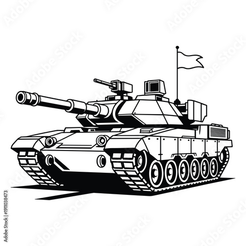 Detailed illustration of a modern military battle tank with a cannon and a flag flying from the turret