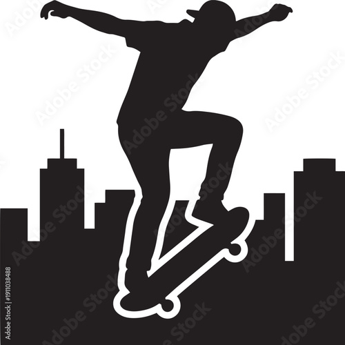 Silhouette of a skateboarder jumping in action