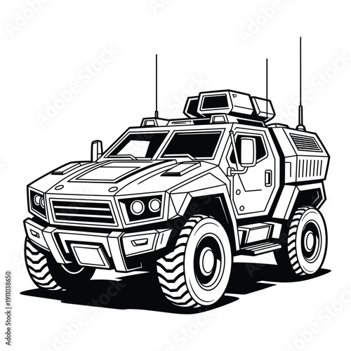 Detailed line art illustration of a modern armored tactical vehicle with antennas and rugged tires