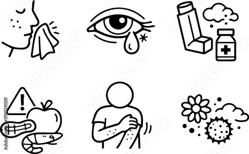 Allergy symptoms and treatment icon set
