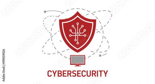 Cybersecurity concept with shield and computer on symbolizing protection