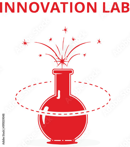 Innovation lab concept with red beaker and sparks