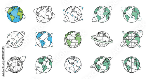 Earth Globe Icons Set: Planet with Orbit Lines