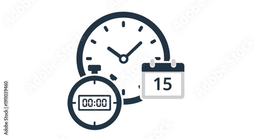 A dark blue icon depicting a clock face with a calendar emphasizing time and dates