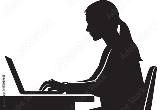 Female Professional Working on Laptop at Desk Silhouette Illustration