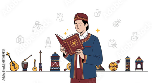 Man In Traditional Attire Studying Holy Book Surrounded By Cultural Icons