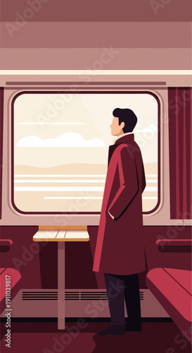 Man in Trench Coat Gazes Out Train Window at Scenic Landscape