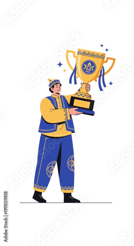 Man In Traditional Clothing Celebrates Victory Holding A Golden Trophy