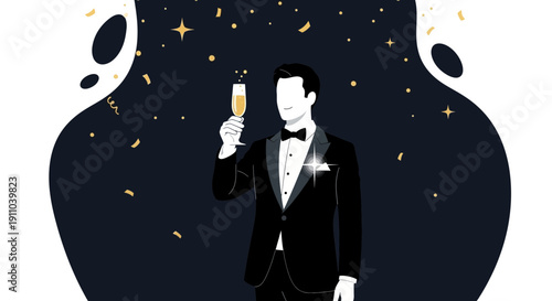 Man In Tuxedo Holding Champagne Glass With Confetti And Stars Background