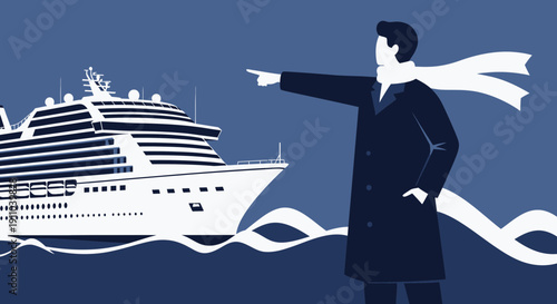 Man Pointing Towards Cruise Ship Suggesting Future Travel Destination
