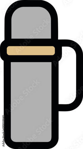 Simple illustration of a gray thermos with a handle for hot or cold beverages