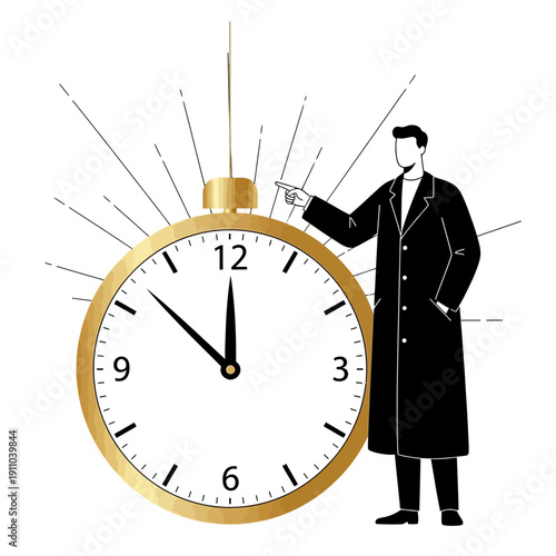 Man Points To Large Gold Clock Demonstrating Time Management