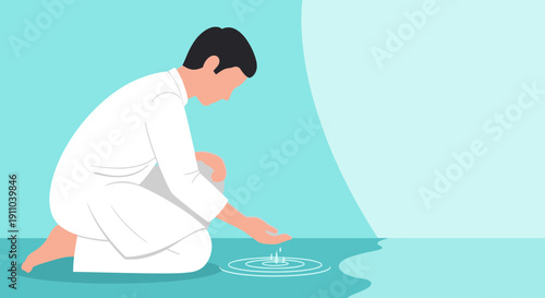 Man In White Attire Performing Ritual Ablution With Water