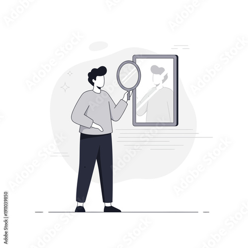 Man Inspecting Himself In A Mirror With A Handheld Looking Glass