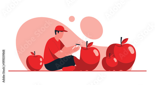 Man Polishing A Large Red Apple With Red Background And White Circles