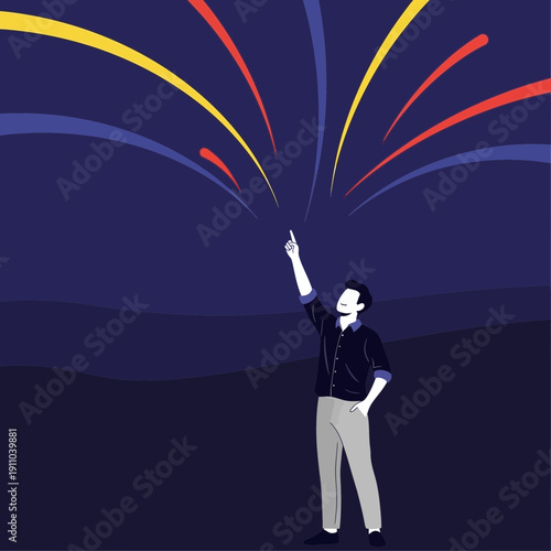 Man Points Upward At Vibrant Abstract Bursting Celebration Sparks
