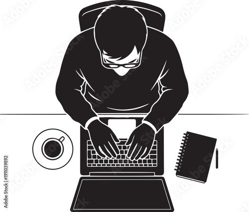 Professional Workspace Flat Lay with Laptop and Notebook Silhouette