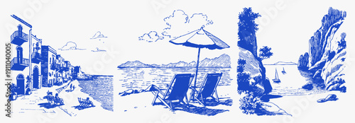 Italian summer seaside street umbrellas rocky bay. Hand drawn style promenade, deck chairs and cliffs with boats in retro blue chalk sketch. Illustration for posters and travel decor.