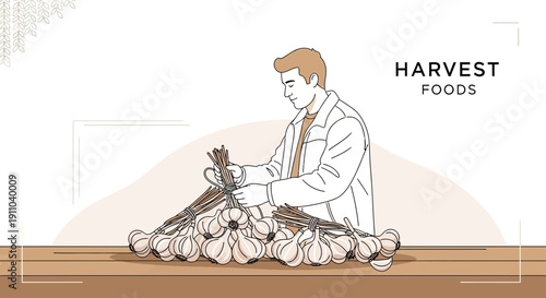 Man Preparing Harvested Garlic Bunches For Sale