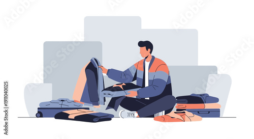 Man Preparing Luggage For A Trip Or Packing Clothes At Home