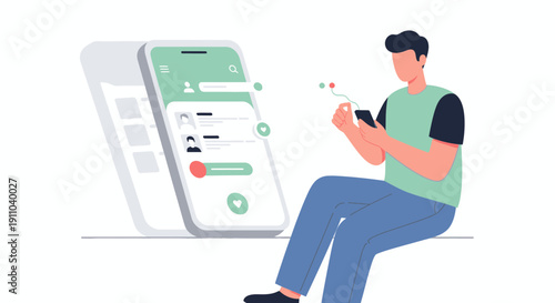 Man Interacts With Mobile Dating App Interface Illustration