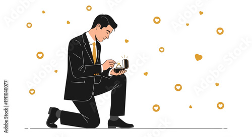 Man Kneeling With Engagement Ring Box Surrounded By Hearts