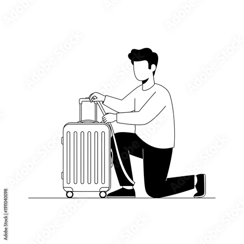 Man Kneeling With Suitcase Preparing For Journey