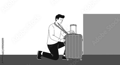 Man Kneeling Preparing Luggage For A Journey Adventure Trip Or Vacation