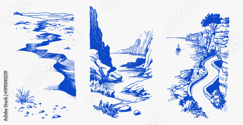 Winding coastal path rocky cliffs sea landscape. Hand drawn style mediterranean summer scenes with dunes, coves and curved shoreline road. Vintage italian travel line illustration set.