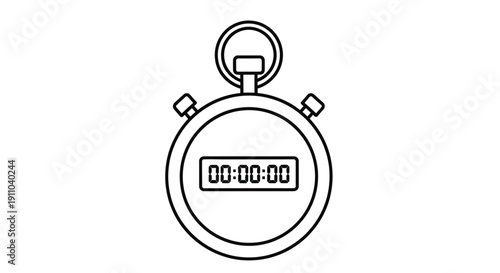 Simple black and white line drawing of a digital stopwatch displaying zero time