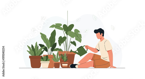 Man Tending To Potted Houseplants With A Watering Can In A Minimalist Style