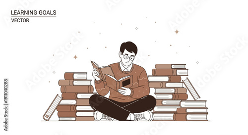 Man Reading Books Surrounded By Stacks Of Literature Knowledge And Learning Concept