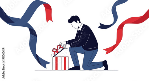 Man Unboxing Surprise Gift With Festive Ribbons Floating Around