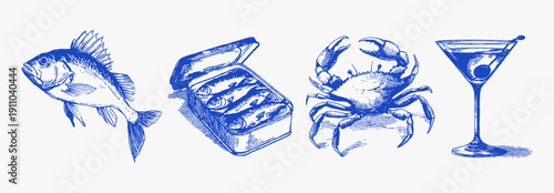 Seafood fish sardines crab martini cocktail set. Hand drawn blue ink style food icons. Mediterranean vintage objects for menu, restaurant or packaging design.