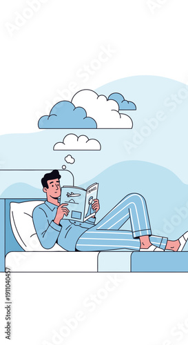 Man Relaxing in Pajamas Reading a Book Above Clouds Dreamy Imagination