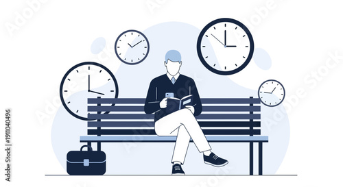 Man On Bench Waiting With Clocks Background Illustration