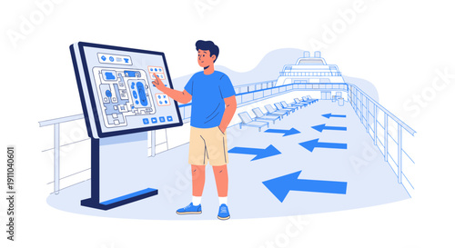 Man Using Digital Map Interactive Display On Cruise Ship Deck With Deck Chairs