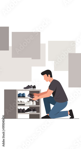 Man Organizing Shoes On A Modern Shoe Rack For Home Organization