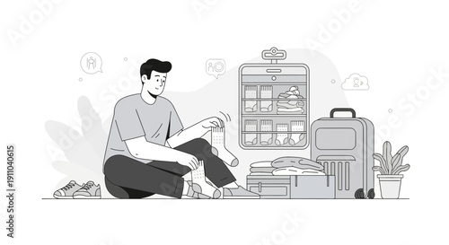Man Organizing Socks For Travel Packing Suitcase Lifestyle Illustration